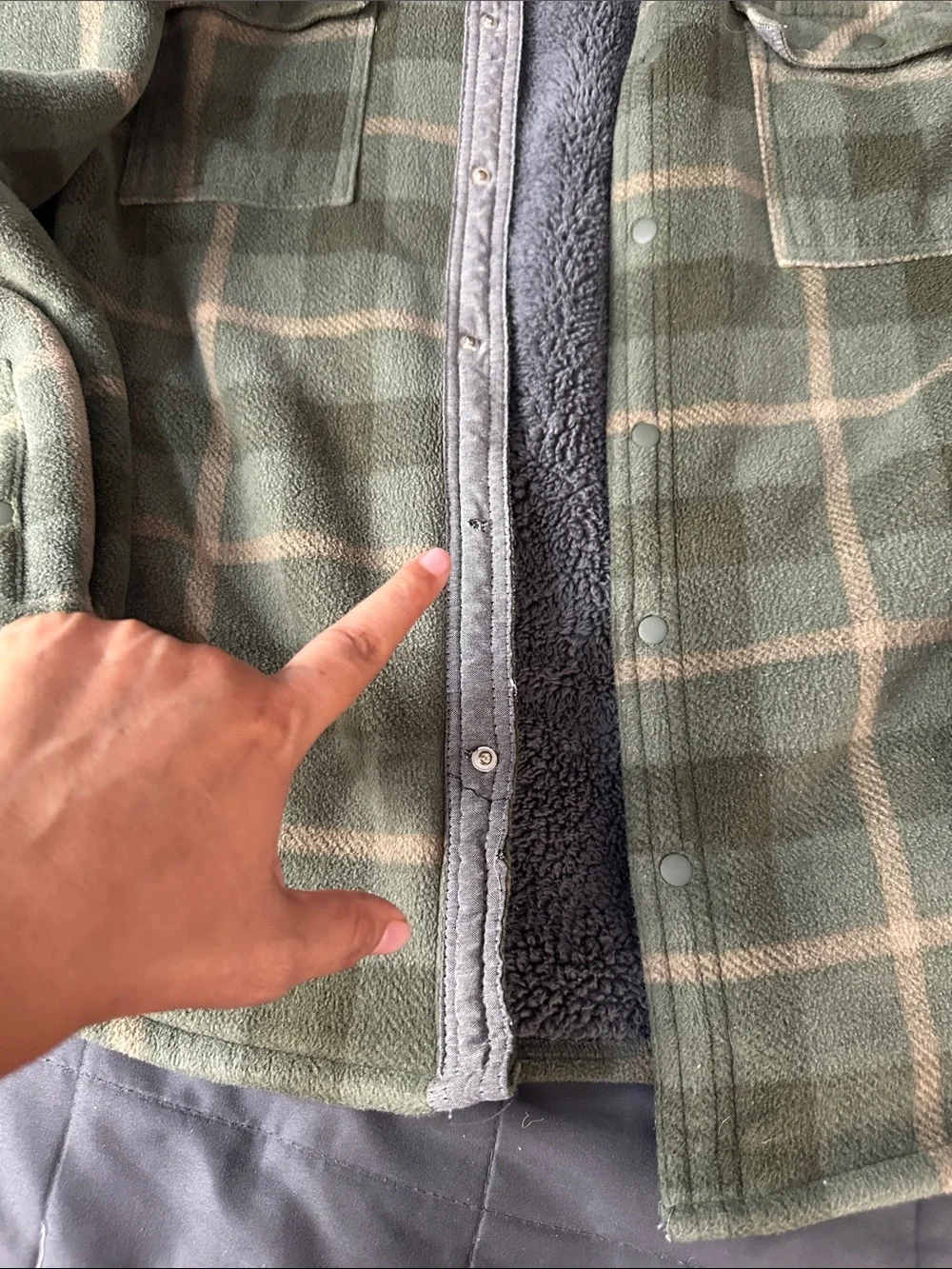 Green Plaid Sherpa-Lined Button-Up Shirt Jacket